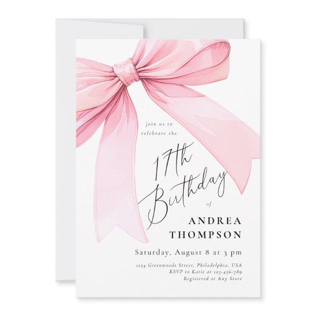 Elegant Pink Coquette Bow 17th Birthday Girl Invi Invitation