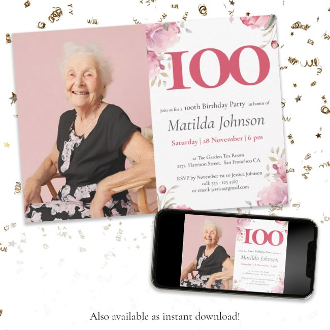 Elegant Pink Floral Photo 100th Birthday Party Invitation