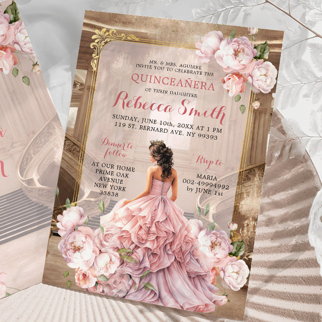 Elegant Pink Floral Royal Grand Palace Quinceañera Invitation