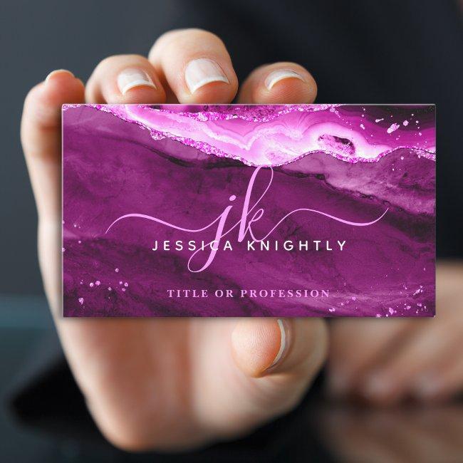 Elegant Pink Magenta Agate Glitter Script Monogram Business Invitations