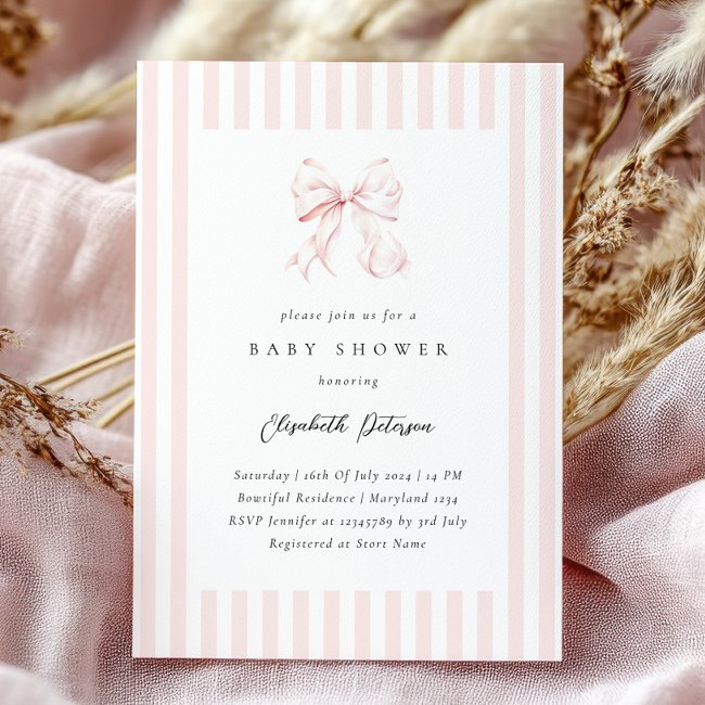 Elegant Pink Stripes Bow Baby Shower Baby Shower Invitation