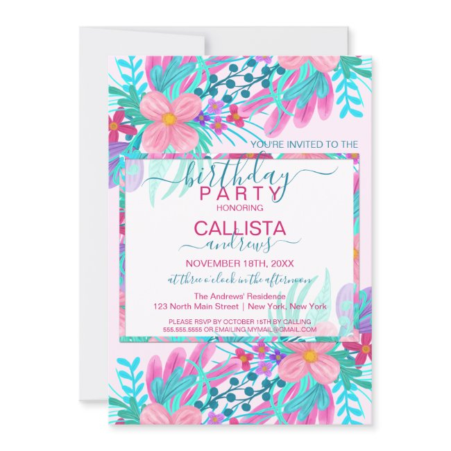 Elegant Pink Teal Painted Flowers Leaves Birthday Invitation