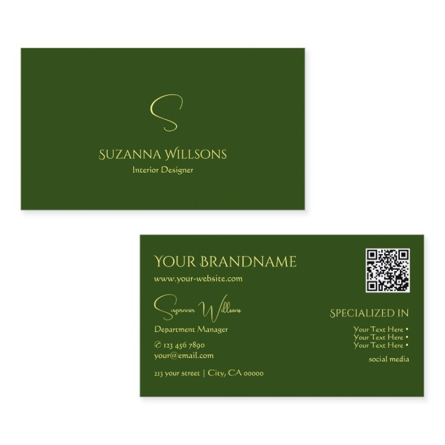 Elegant Plain Forest Green With Monogram Qr Code Business Invitations