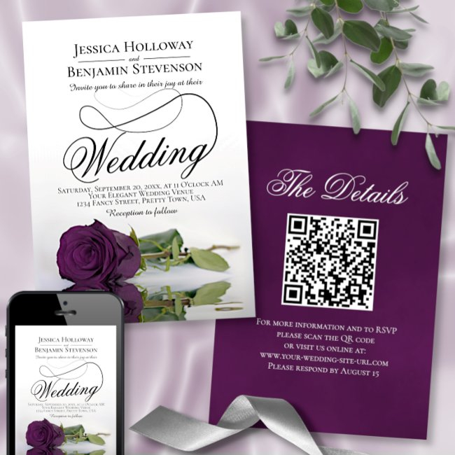 Elegant Plum Purple Rose Fancy Qr Code Wedding Invitation