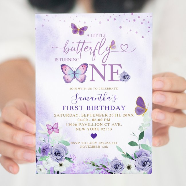 Elegant Purple Butterfly Is Turning One Birthday Invitation