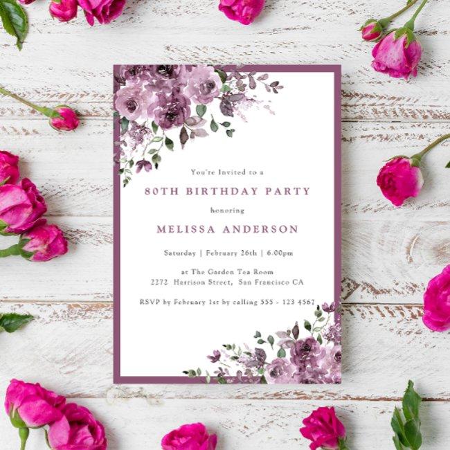 Elegant Purple Floral 80th Birthday Party Invitation