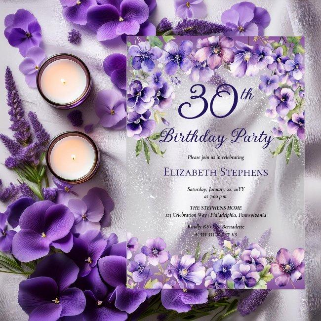 Elegant Purple Violets Floral 30th Birthday Party Acrylic Invitations