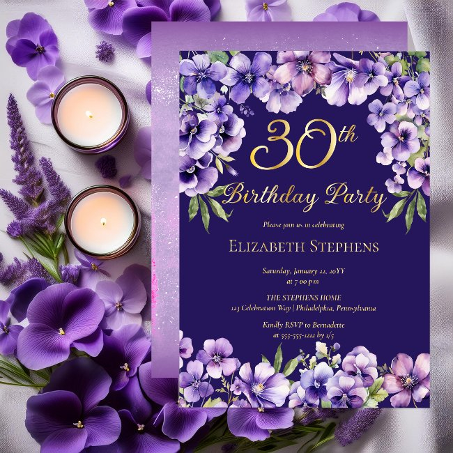 Elegant Purple Violets Floral 30th Birthday Party Foil Invitation