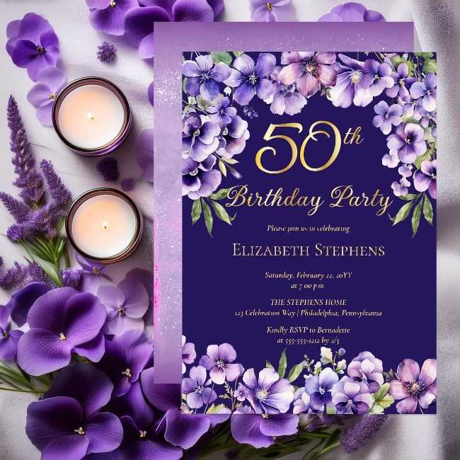 Elegant Purple Violets Floral 50th Birthday Party Foil Invitation