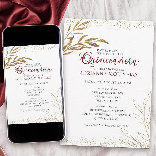 Elegant Quinceanera And Mass Red And Gold Leaf Invitation