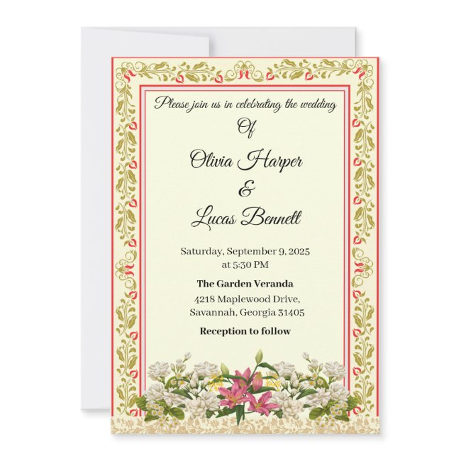 Elegant Red & Gold Floral Wedding Invitation