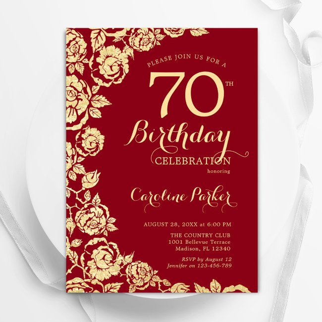 Elegant Red Gold Roses 70th Birthday Invitation