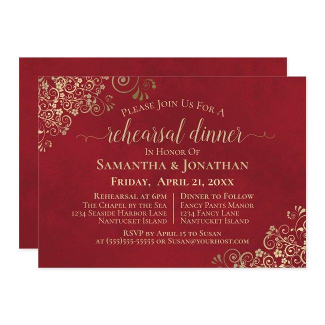 Elegant Red & Lacy Gold Wedding Rehearsal & Dinner Invitation