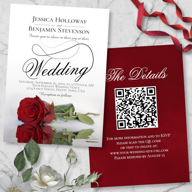 Elegant Red Rose Fancy Script Qr Code Wedding Invitation