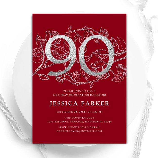 Elegant Red Silver 90th Birthday Invitation