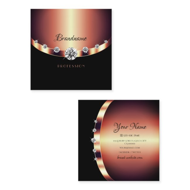 Elegant Rose Gold Black Sparkling Jewels Diamonds Square Business Invitations