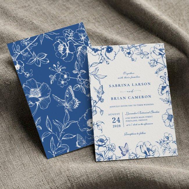 Elegant Royal Blue Floral Garden Wedding Invitation