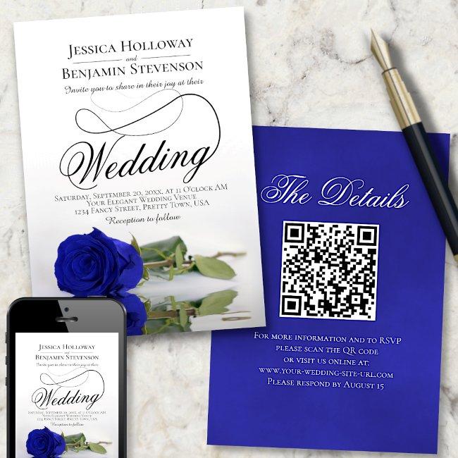 Elegant Royal Blue Rose Fancy Qr Code Wedding Invitation