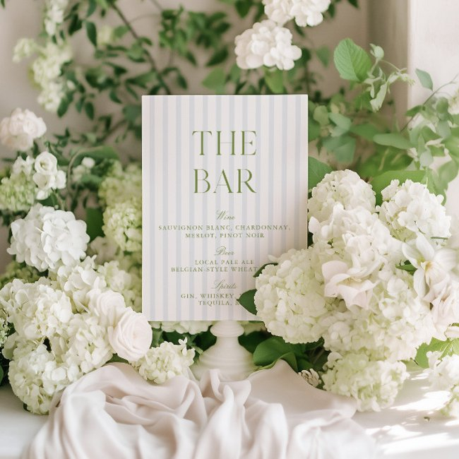 Elegant Sage Green & Blue Striped Wedding Bar Sign Invitation
