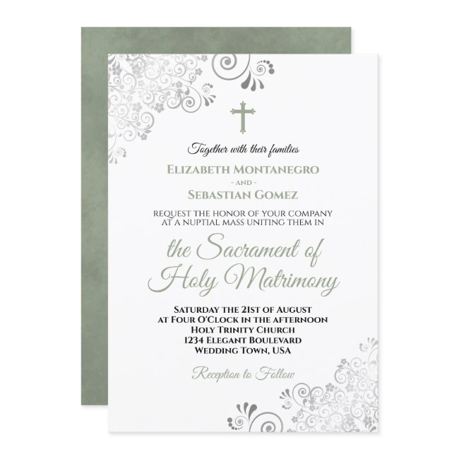 Elegant Sage Green & Gray Modern Catholic Wedding Invitation