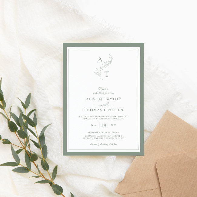 Elegant Sage Green Monogram Wedding Frame Invitation
