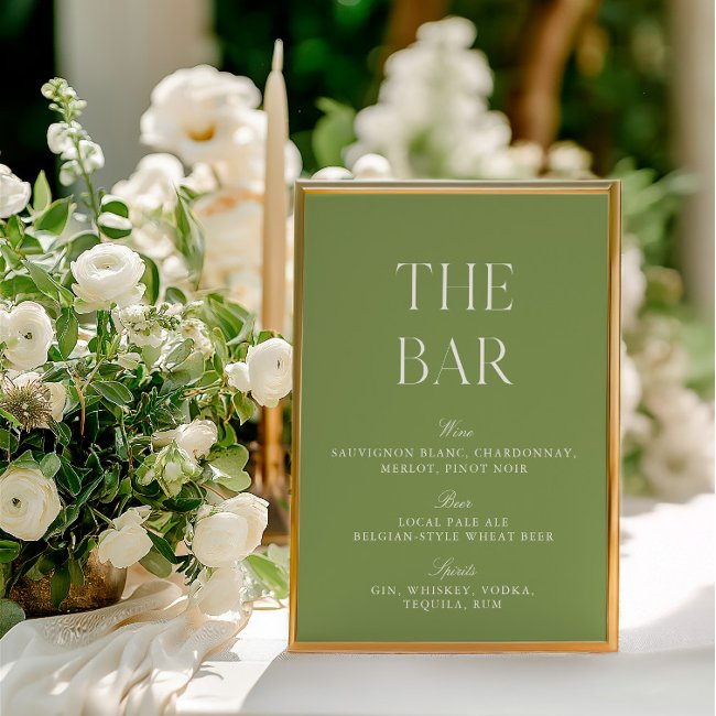 Elegant Sage Green & White Wedding Bar Sign Invitation