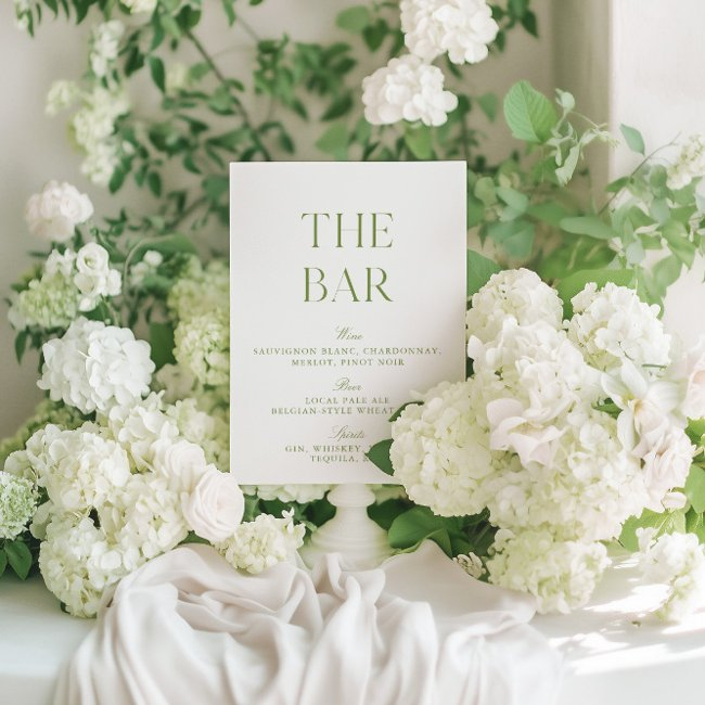 Elegant Sage Green & White Wedding Bar Sign Invitation