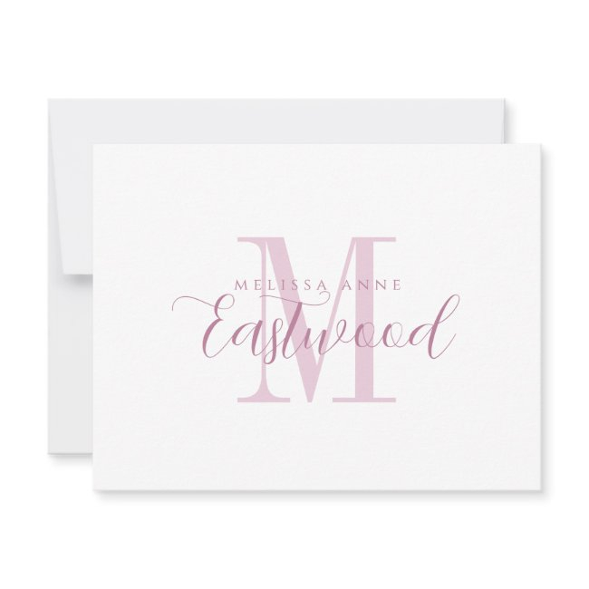Elegant Script Name Pink Monogram Flat Note Invitations