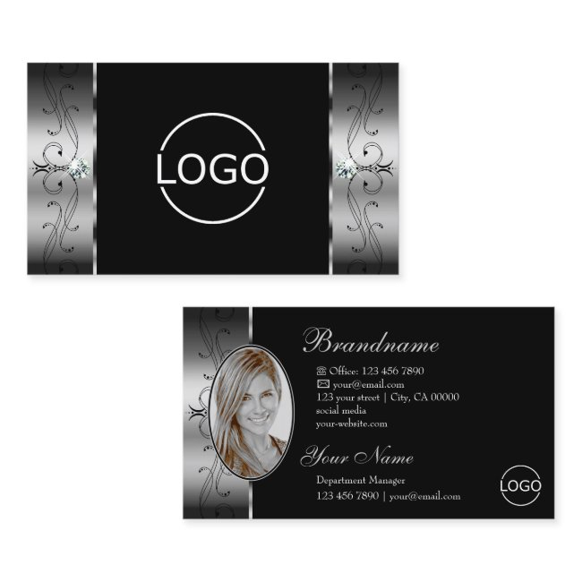 Elegant Silver Black Squiggled Jewels Logo & Photo Business Invitations