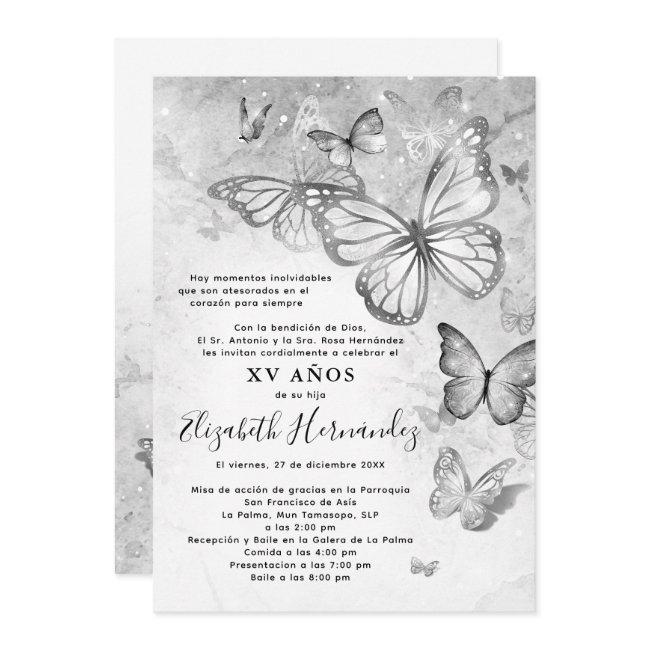 Elegant Silver Butterfly Spanish Quinceanera Invitation