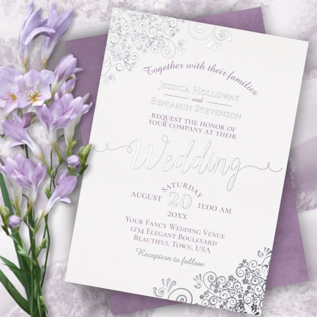 Elegant Silver Lace & Lavender On White Wedding Foil Invitation