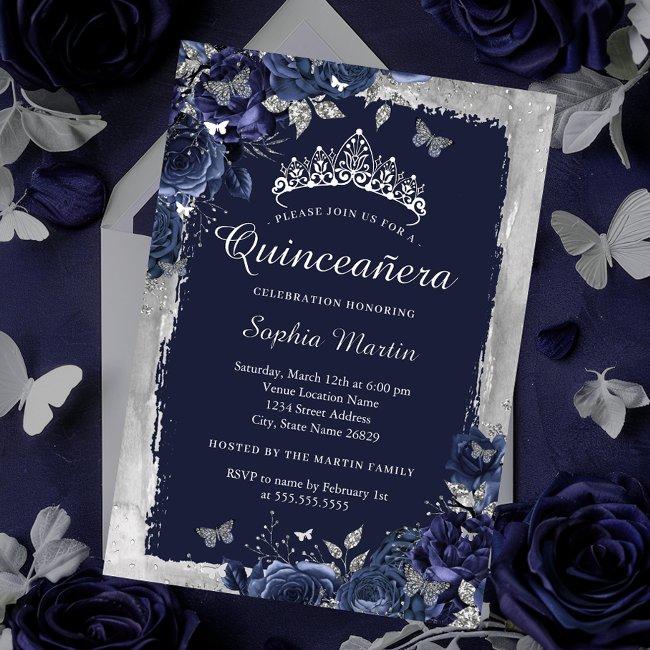 Elegant Silver Navy Flower Quinceanera Foil Invitation
