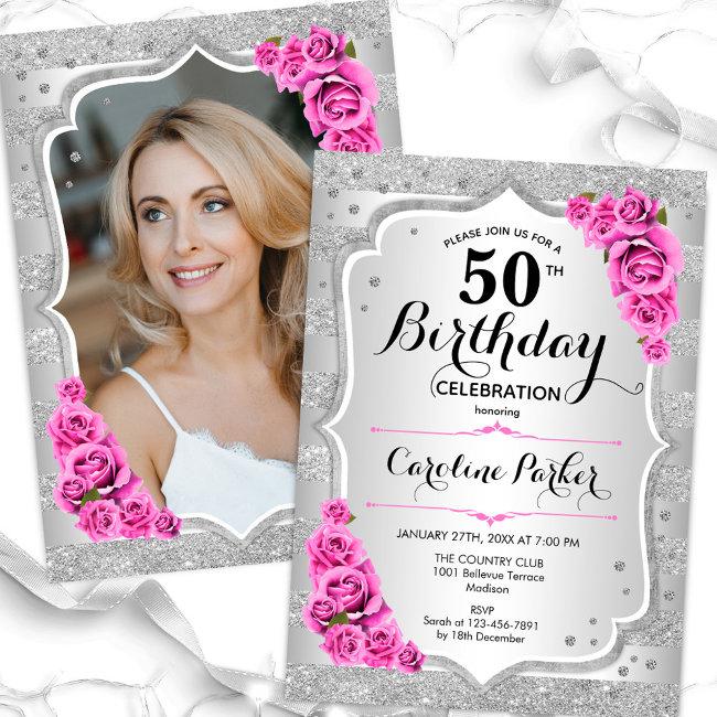 Elegant Silver Pink Photo 50th Birthday Invitation