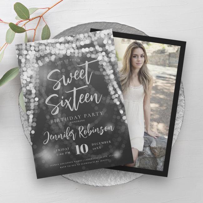 Elegant Silver String Lights Photo Sweet 16  Invitation