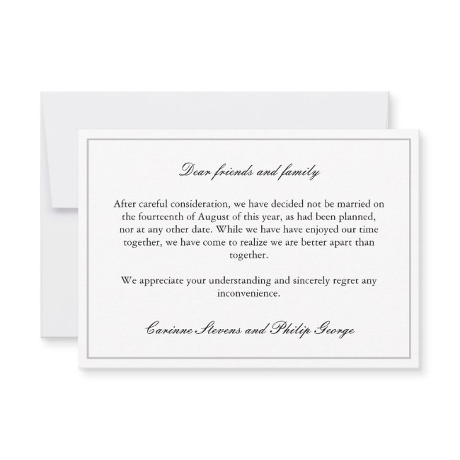 Elegant Simple Broken Engagement Cancelled Wedding Invitation