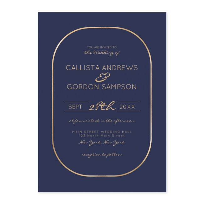 Elegant Simple Navy Blue Gold Oval Border Wedding Invitation