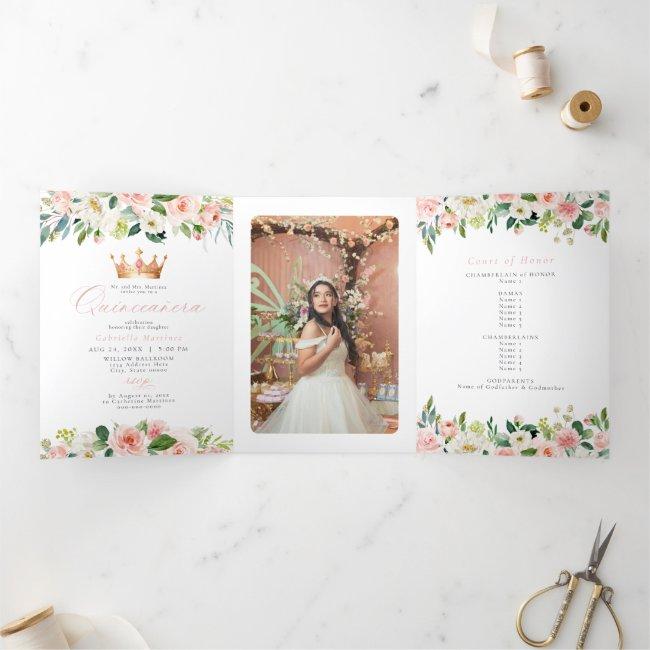 Elegant & Sweet Blush Pink Floral Quinceañera Tri-fold Holiday Invitations