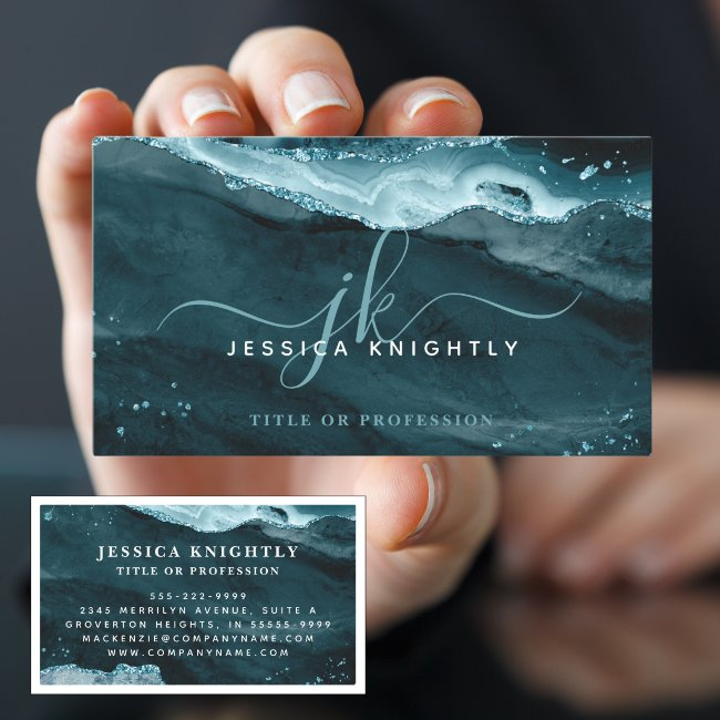 Elegant Teal Agate Glitter Script Monogram Initial Business Invitations