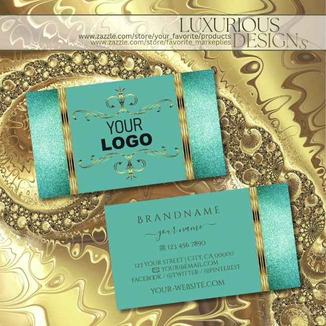 Elegant Teal Glitter Gold Border Ornate With Logo Business Invitations