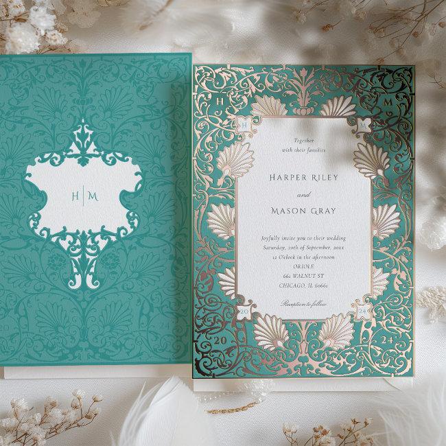 Elegant Teal Rose Gold Wedding Foil Invitation