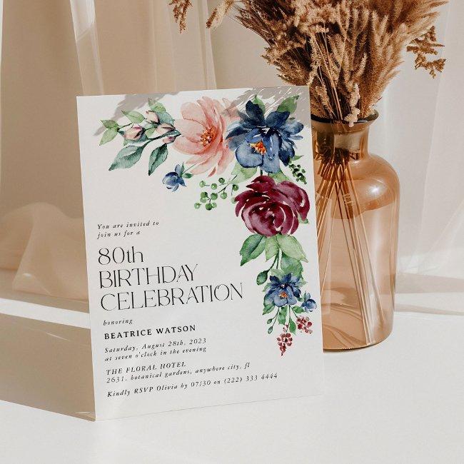 Elegant Watercolor Floral 80th Birthday Invitation