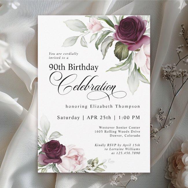 Elegant Watercolor Floral 90th Birthday Invitation