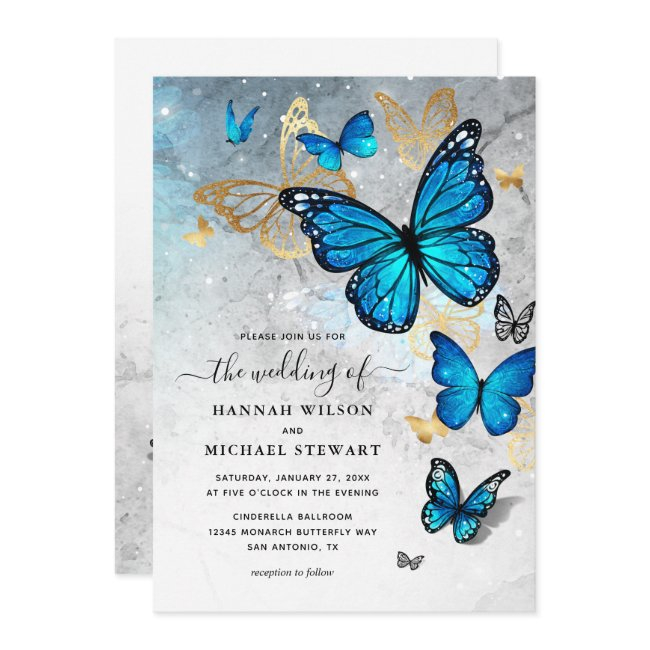 Elegant Watercolor Gold Blue Butterfly Wedding Invitation