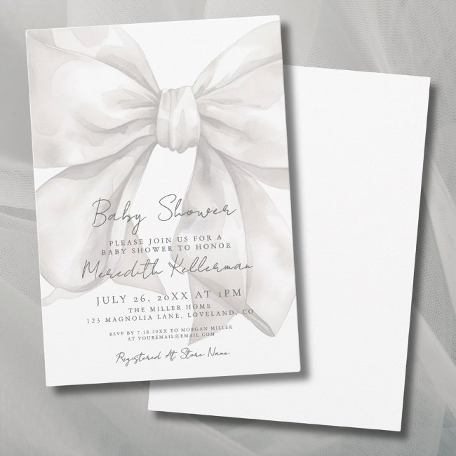 Elegant Watercolor White Bow Baby Shower Invitation