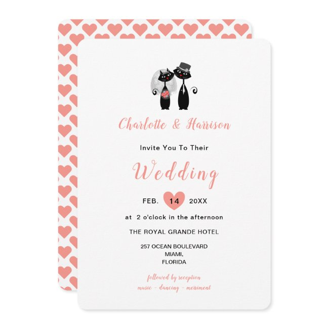 Elegant White Coral Cute Whimsy Black Cats Wedding Invitation