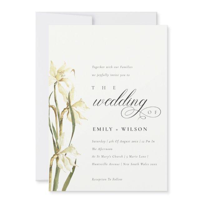 Elegant White Daffodil Watercolor Wedding Invite