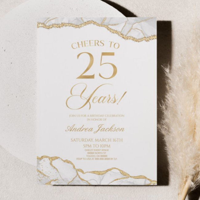 Elegant White Gold Agate 25th Birthday Party Invitation