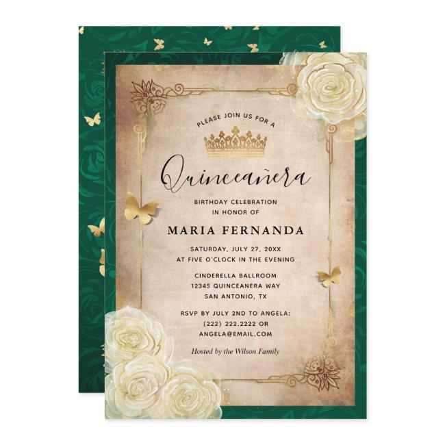 Elegant White Rose Gold Green Quinceanera Invitation