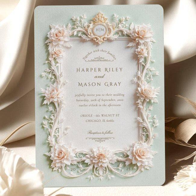 Elegant White Roses With Faux Gold Invitation