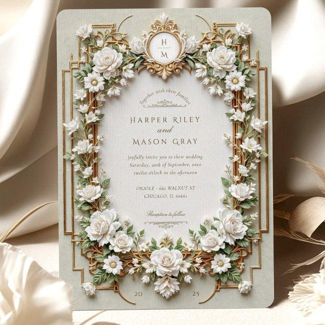 Elegant White Roses With Faux Gold Invitation